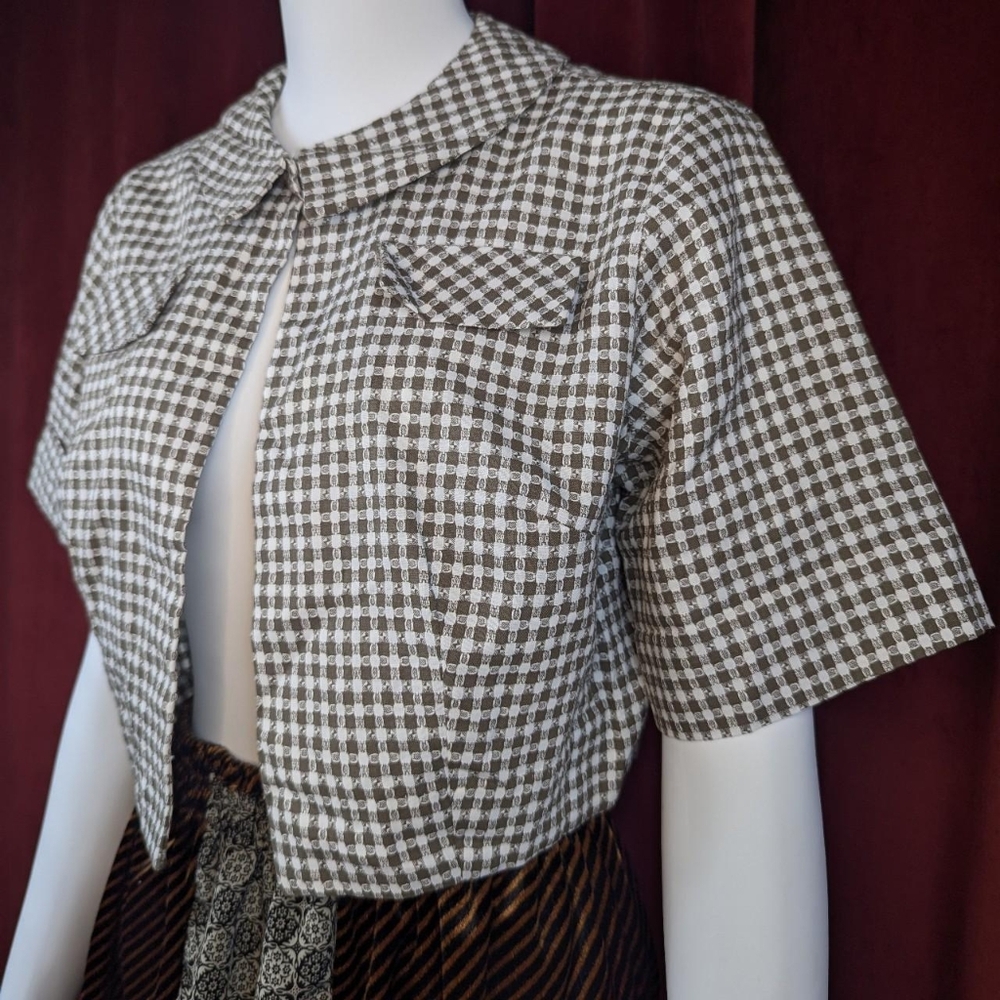 True Vintage 50's Jane Hunter Brown & White Gingham Short Sleeve Bolero - Picture 6 of 7